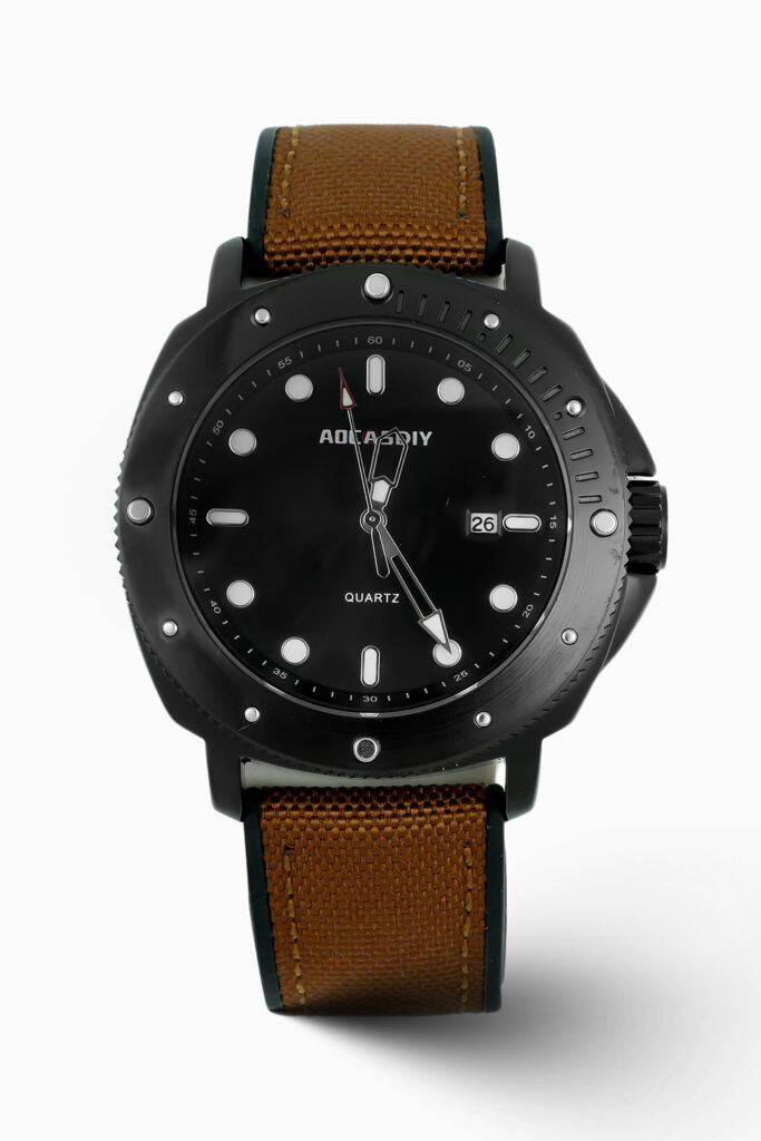 AOCASDIY ShadowMark inspired tactical quartz watch with matte black case, luminous dial, and brown strap.