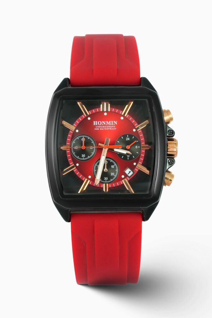 HONMIN Blaze Chronograph inspired sport watch with black Dial and red strap.