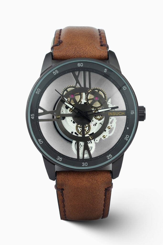 INSUCH classic skeleton automatic men’s luxury watch featuring transparent mechanical dial, stainless steel case, and elegant modern design.