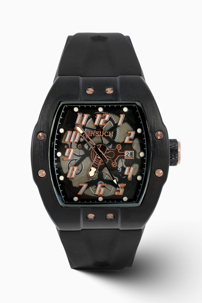 INSUCH Phantom Black skeleton inspired luxury watch with transparent dial and automatic movement.