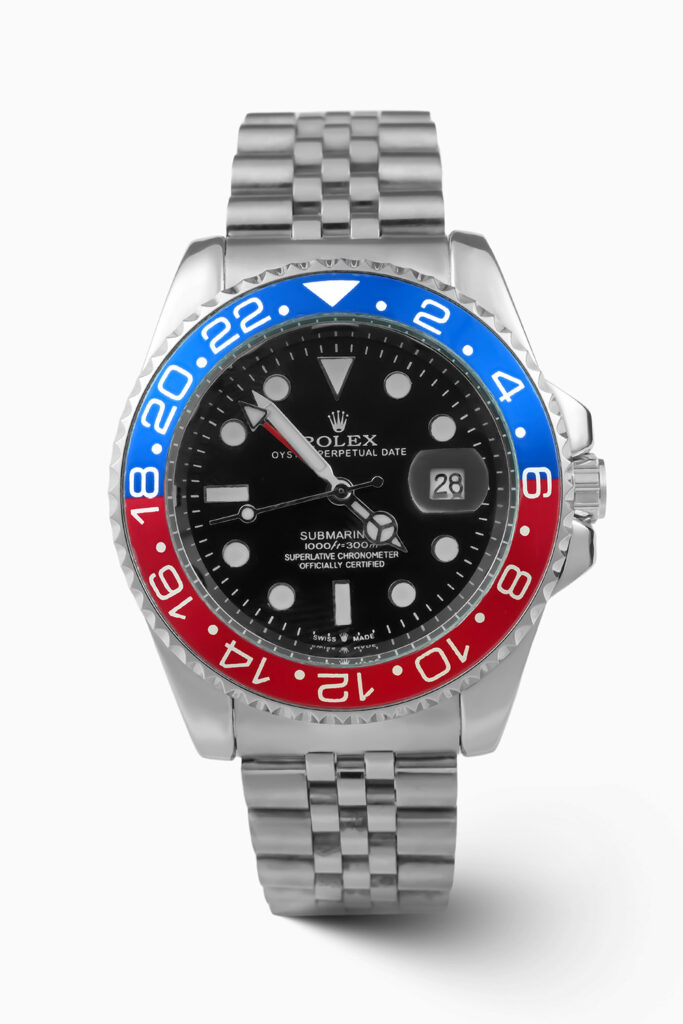 Rolex GMT Pepsi classic dual-time inspired luxury watch with red and blue bezel and stainless steel case.