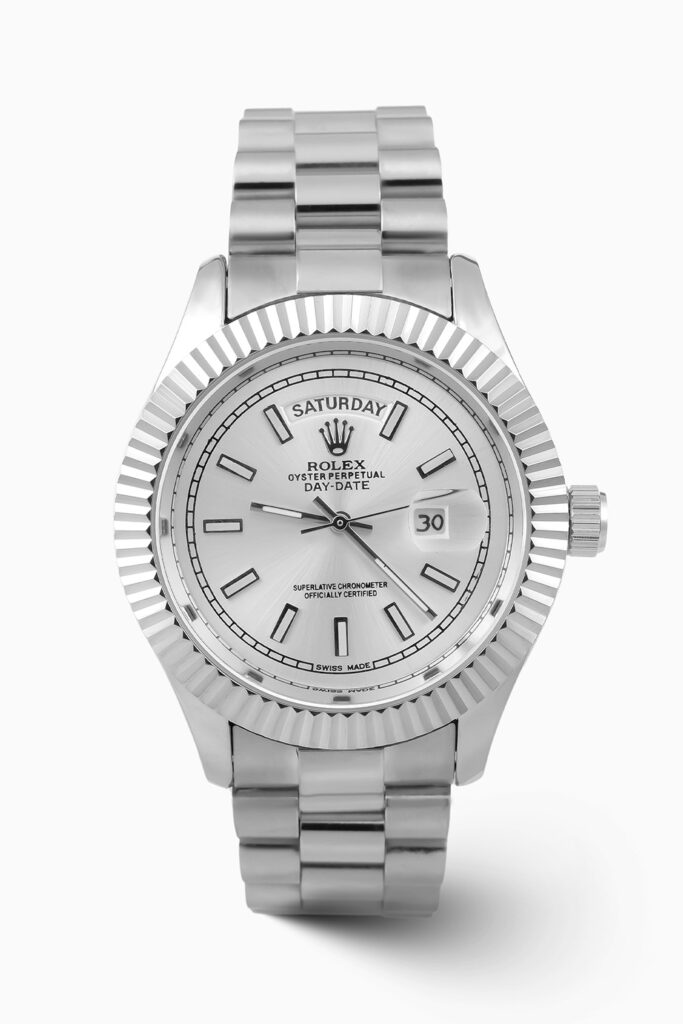 Rolex Day-Date silver-inspired luxury watch with classic dial and stainless steel bracelet.