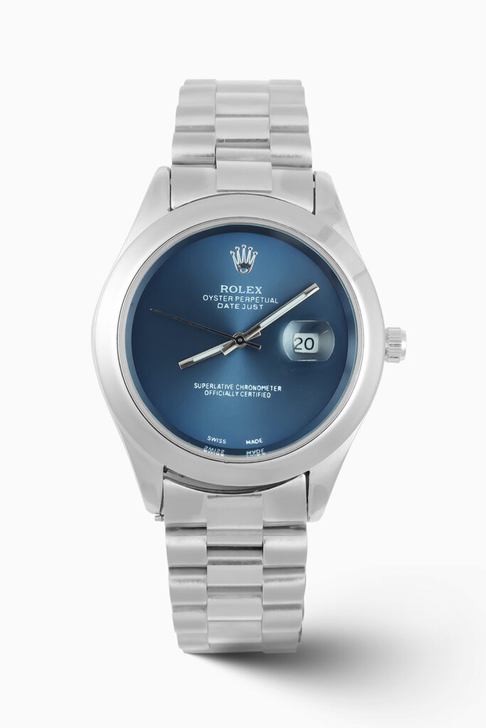 Rolex Premier Date Master inspired automatic watch with fluted bezel and stainless steel Jubilee bracelet.