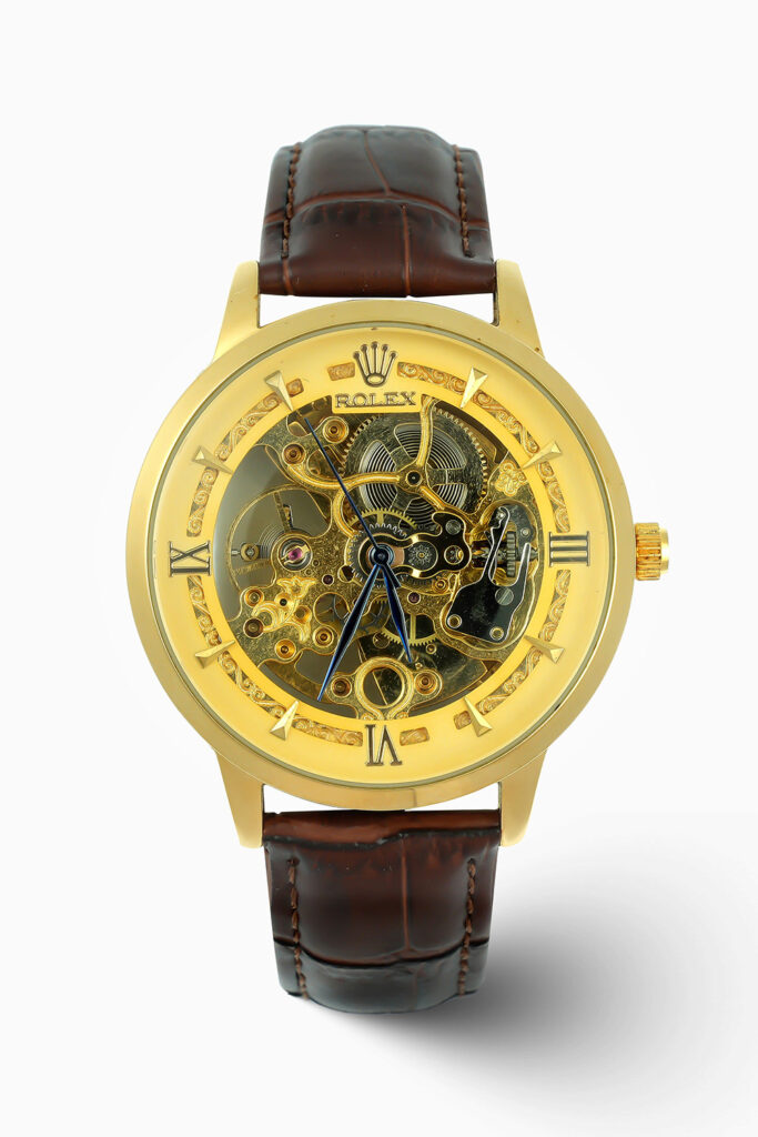 Rolex Royal Gold inspired skeleton automatic watch with exposed movement, fluted bezel.
