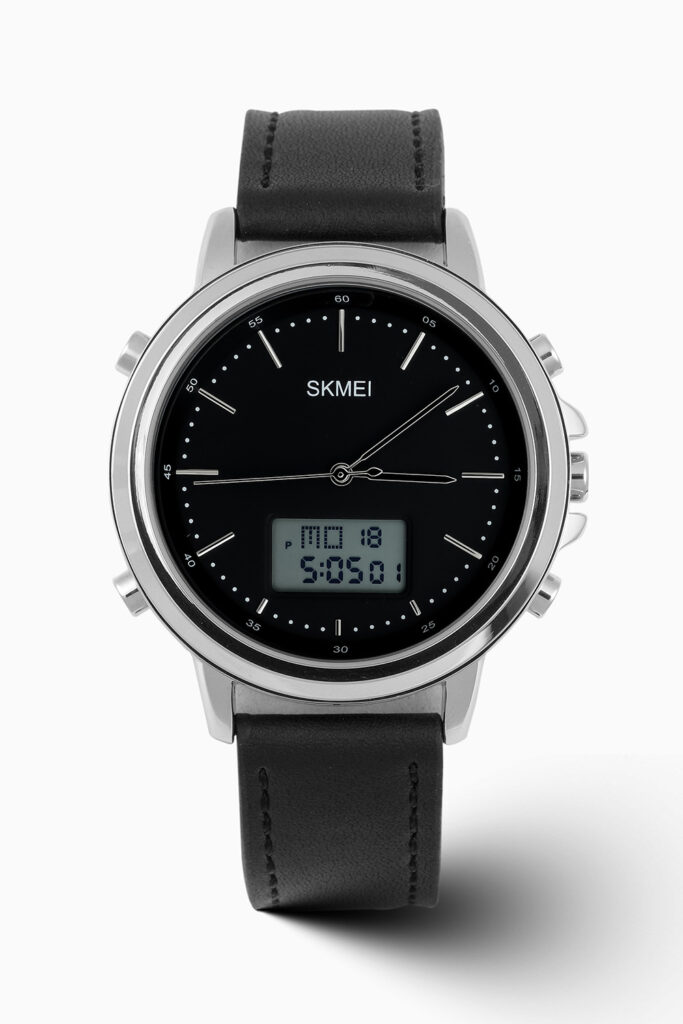SKMEI 1652 inspired dual display sports watch with digital and analog time, featuring a black resin strap.