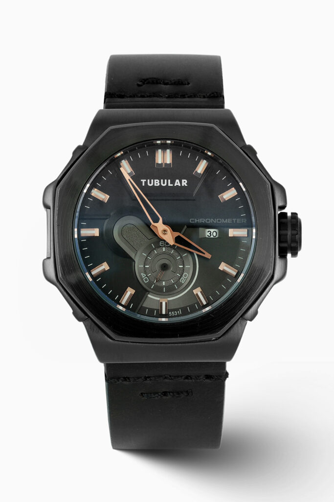 TUBULAR Velocity Series inspired racing chronograph with black dial.